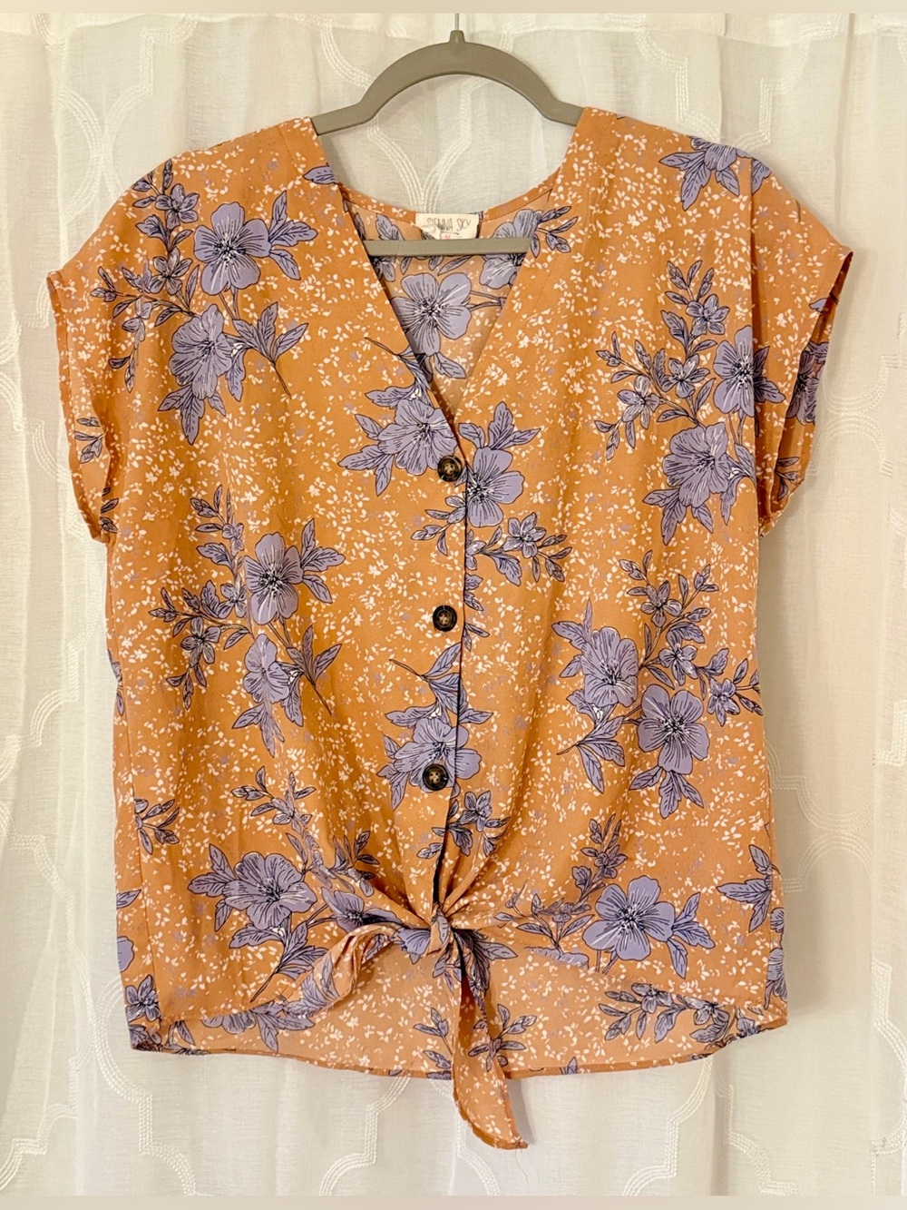 Sienna Sky Medium Rust Orange Lavender Floral Tie Front Blouse